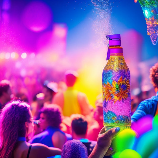 A vibrant festival scene with colorful dance water bottles, adorned with fun patterns and designs, surrounded by cheering crowds, bright lights, and a lively stage in the background, capturing the essence of music and celebration.
