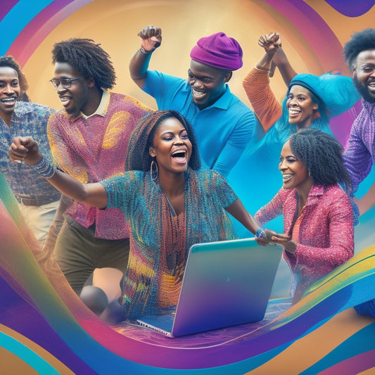 A vibrant, colorful illustration of a diverse group of people dancing together, surrounded by laptops and tablets, with dynamic movement lines and swirling patterns, set against a bright, sunny background.