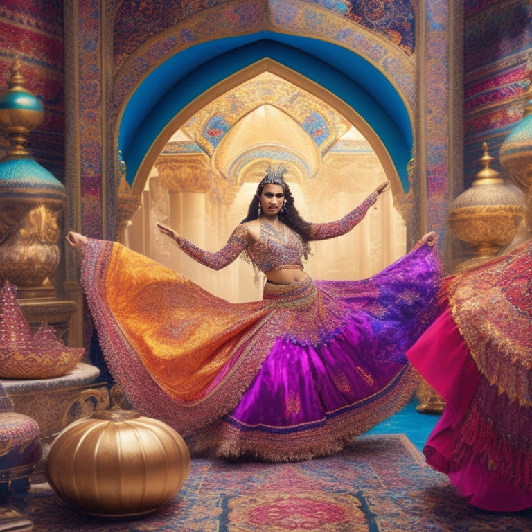 A whimsical illustration featuring a belly dancer surrounded by swirling patterns of fusion dance styles, with various templates and notepads scattered around her, amidst a backdrop of vibrant, swirling fabrics and Middle Eastern-inspired architecture.