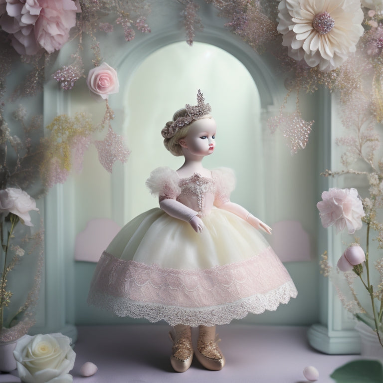 A whimsical illustration featuring a delicate, porcelain-skinned ballerina doll surrounded by intricate paper flowers, lace, and ribbons, set against a soft, pastel-hued background with subtle, shimmering accents.