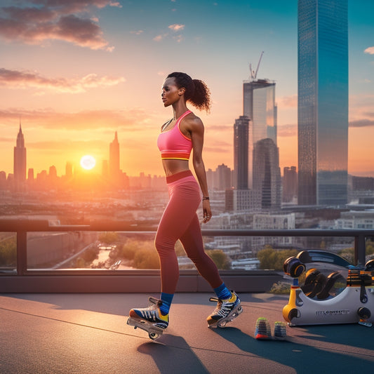 A dynamic illustration of a person in athletic wear standing in front of a cityscape at sunset, with roller skates and a fitness tracker nearby, surrounded by exercise equipment and healthy snacks.