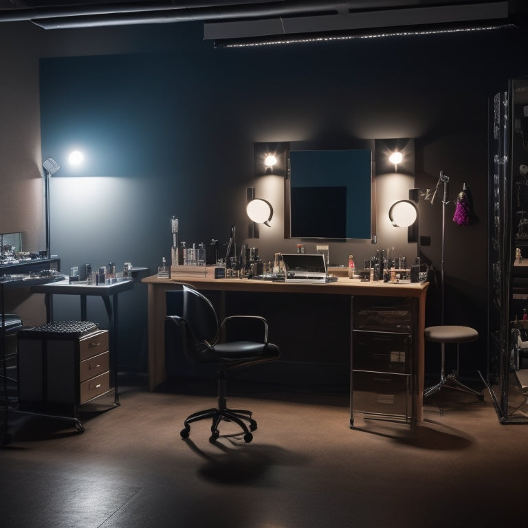 A beautiful, dimly lit dance studio with a vanity in the center, surrounded by makeup brushes, palettes, and mirrors, with a laptop open to a YouTube tutorial on the vanity.