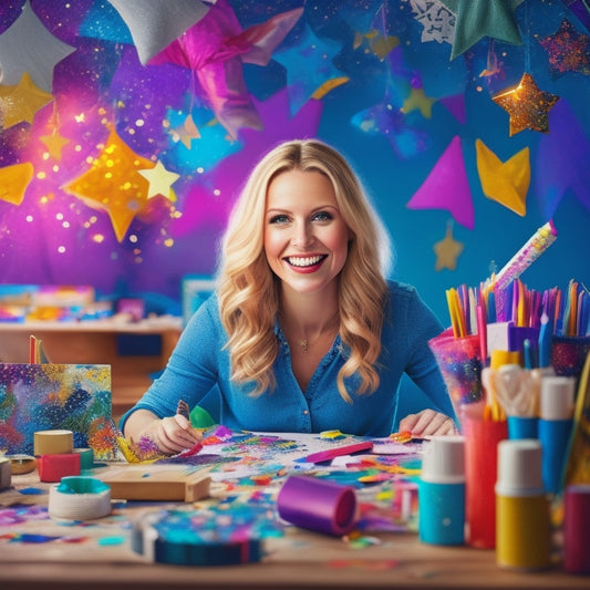 A whimsical illustration featuring Marci, a cheerful, blonde-haired girl with a bright smile, sitting at a craft table surrounded by colorful papers, scissors, and art supplies, amidst a confetti of stars and creative elements.