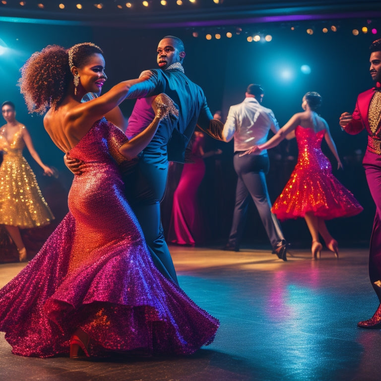 A vibrant dance floor scene featuring couples in dazzling, form-fitting Rumba outfits: shimmering sequins, flowing skirts, and elegant heels, with bold colors like red, gold, and turquoise, capturing the energy and passion of dance.