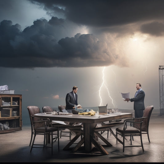 A dramatic, stormy background with lightning and dark clouds; a crashed event stage with overturned chairs, broken tables, and scattered event materials; a frazzled event planner in the foreground, holding a torn event plan.