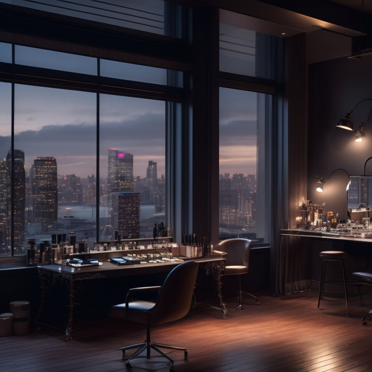 A glamorous, dimly-lit dance studio with a vanity in the center, surrounded by makeup brushes, mirrors, and laptops, with a cityscape at dusk visible through the window.