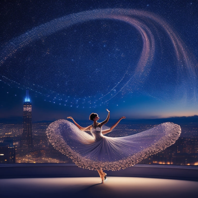 A whimsical illustration of a dancer's silhouette surrounded by swirling ribbons, musical notes, and tiny spotlights, set against a warm, starry night sky with a subtle cityscape in the background.