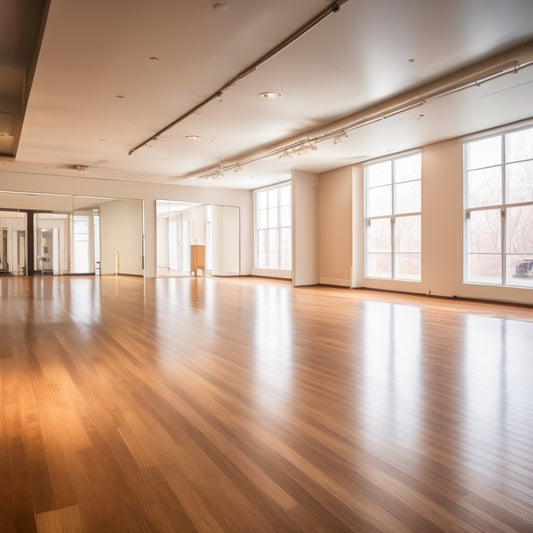 A spacious dance studio filled with natural light, featuring large floor-to-ceiling mirrors reflecting graceful dancers in various poses, elegant wooden floors, and vibrant wall art, creating an inspiring atmosphere for practice and performance.
