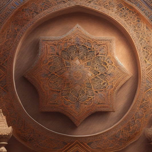 A warm-toned, dreamy background with intricate Arabic calligraphy patterns, overlaid with delicate, swirling Middle Eastern-inspired architecture elements and subtle, shimmering gold accents.