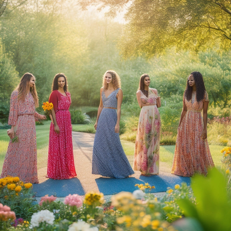 A vibrant summer scene featuring a diverse group of women in flowing maxi skirts of various patterns and colors—floral, striped, and bohemian—standing in a sunlit park surrounded by blooming flowers and lush greenery.