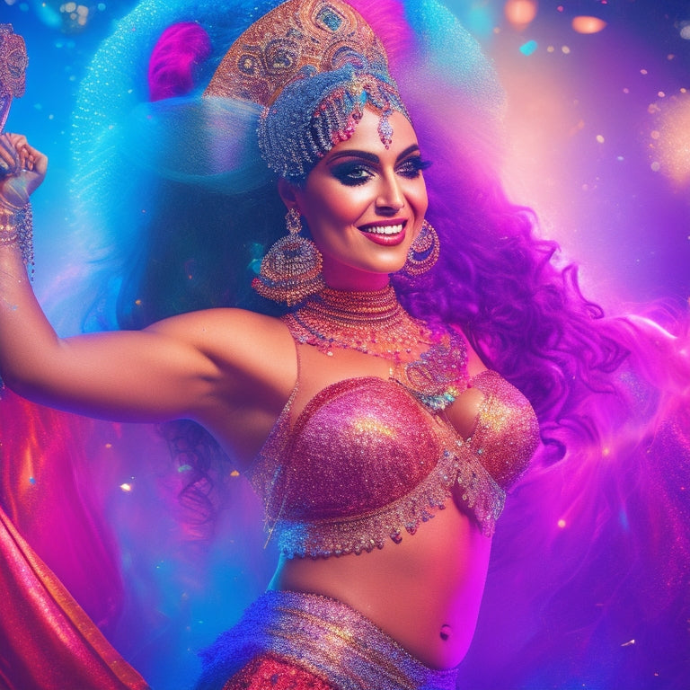 A vibrant illustration featuring a belly dancer in a flowing, shimmering costume, surrounded by tickets, confetti, and spotlights, with a subtle background of a Middle Eastern-inspired pattern.