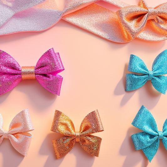 A vibrant array of glittery hair bows in various shapes and sizes, shimmering under soft sunlight, displayed on a pastel-colored surface, with delicate sparkles cascading around them, evoking a playful and chic vibe.