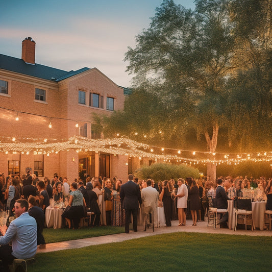 A warm sunset-lit exterior of DC Center Omaha, with lush greenery and twinkling string lights, surrounded by joyful wedding guests mingling and laughing, amidst elegant outdoor decor and champagne toasts.