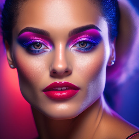 A spotlight shines on a dancer's face, illuminated with vibrant, professional makeup, featuring bold eyeliner, shimmering eyeshadow, and bold lip color, against a dark, gradient background with subtle stage lights.