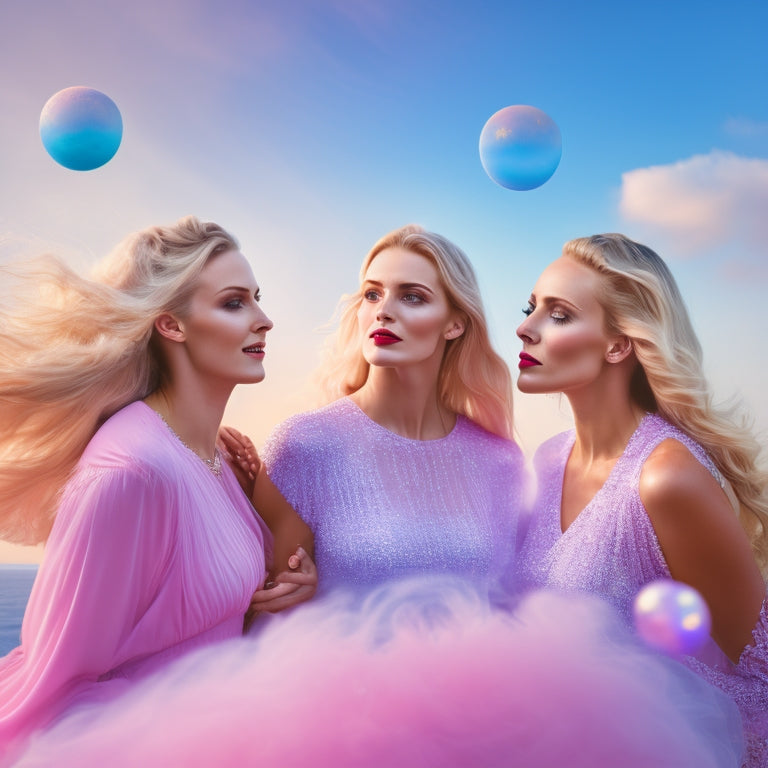 Generate an image depicting three blonde women dancing in unison, surrounded by swirling clouds of pastel pink and blue hues, with delicate, glowing orbs floating around them.