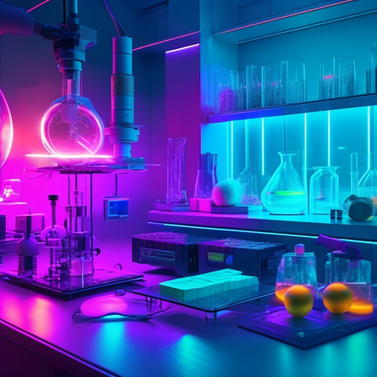 A futuristic laboratory scene with neon-lit beakers, glowing orbs, and a 3D printer in the background, surrounded by scattered scientific gadgets and futuristic tools, amidst a subtle aurora borealis-inspired lighting effect.