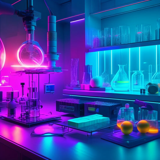 A futuristic laboratory scene with neon-lit beakers, glowing orbs, and a 3D printer in the background, surrounded by scattered scientific gadgets and futuristic tools, amidst a subtle aurora borealis-inspired lighting effect.