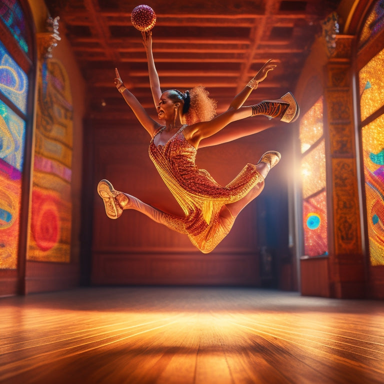 A dynamic illustration of a smiling dancer in mid-air, legs bent, and arms outstretched, tapping shoes shining, surrounded by swirling musical notes and rhythmic patterns on a bright, wooden floor.