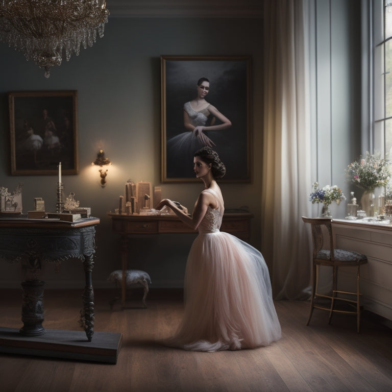 A serene, dimly lit studio with a ballet barre, mirror, and wooden floors. Julie Hyde, an elegant woman with a kind smile, stands amidst scattered paintbrushes and canvases, surrounded by delicate ballet-inspired artwork.