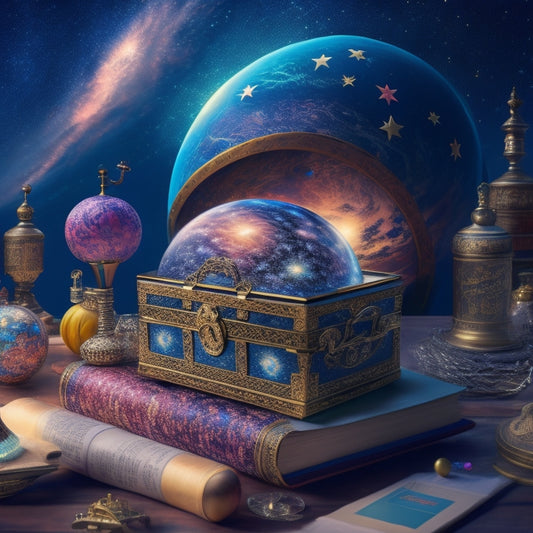 An illustration of a treasure chest overflowing with colorful, swirling books, globes, and scientific instruments, set against a vibrant, starry night sky with a subtle, shimmering aura.