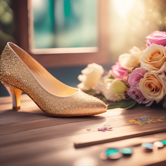 A whimsical illustration of a pair of dancing shoes, adorned with flowers and lace, standing on a wooden dance floor, surrounded by soft, golden lighting and delicate confetti.