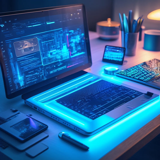 A futuristic, minimalist desk with a sleek laptop, a tablet, and a smartphone, surrounded by stylized, colorful icons and subtle, glowing circuit board patterns in the background.