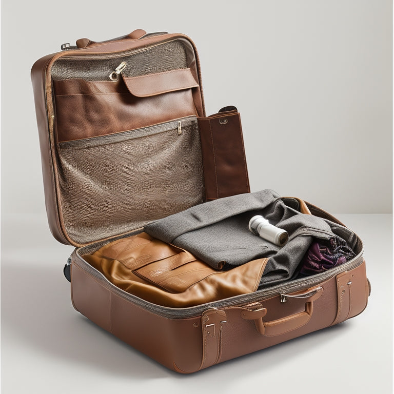 A medium-sized, brown leather suitcase with a partially unzipped top, revealing a crumpled garment bag inside, surrounded by scattered clothes and travel accessories on a white background.