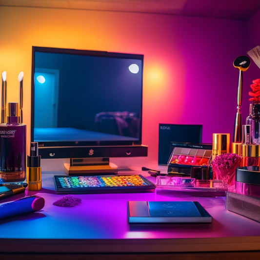 A glamorous, dimly lit vanity setup with a large mirror, surrounded by an array of colorful makeup products, brushes, and a laptop open to a YouTube page with a paused dance makeup tutorial.