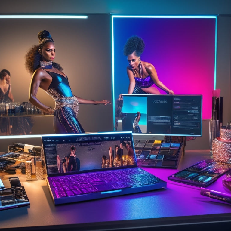 A glamorous, spot-lit dancer in mid-pose, surrounded by makeup brushes, palettes, and mirrors, with a laptop displaying a dance tutorial video in the background, amidst a dark, sleek, and modern setting.