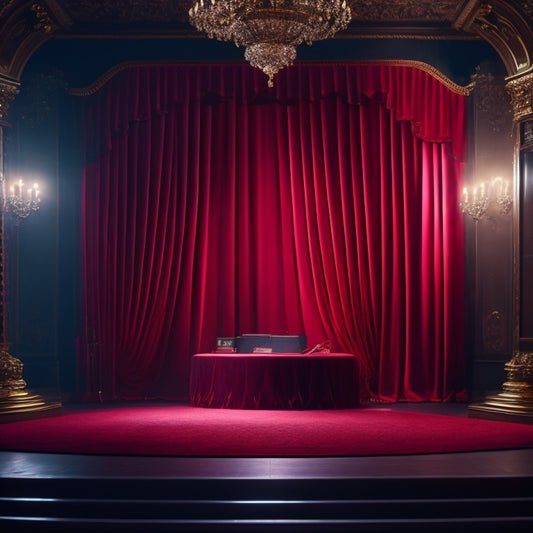 A dimly lit theater with rows of velvet curtains, spotlights shining on a central pedestal displaying a rich, red fabric swatch, surrounded by rolls of shimmering silk, velour, and gauze.