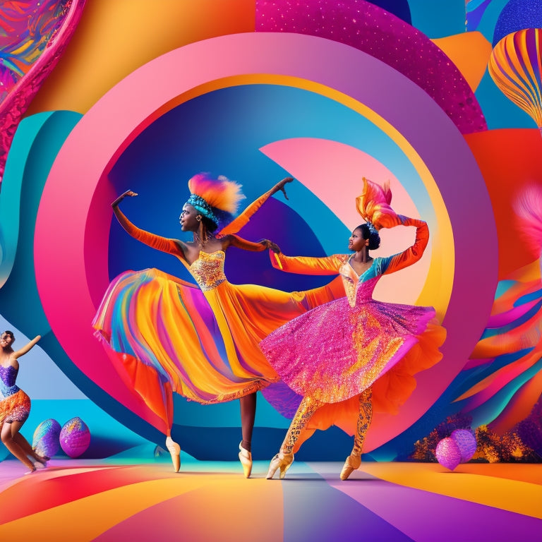 A whimsical illustration featuring a mix of colorful dance-inspired shapes, swirling patterns, and playful silhouettes of dancers in various poses, set against a bright, gradient background.