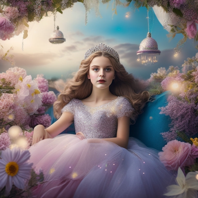 A whimsical illustration of a teenage girl surrounded by floating flowers, sparkly fairy lights, and wispy clouds, with a vintage-inspired prom dress and a delicate tiara, set against a soft, pastel-colored backdrop.