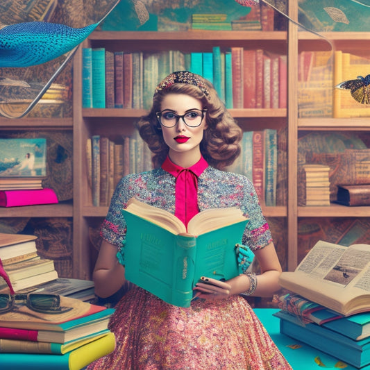 A whimsical illustration of a fashionable woman surrounded by fluttering book pages, with vintage typewriters, bookshelves, and fashion magazines merged into a vibrant, swirling background.