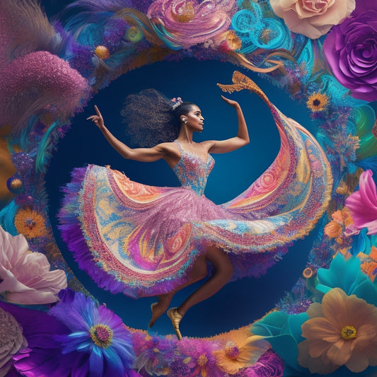 A whimsical illustration featuring a dancer surrounded by swirling shapes and colors, with dance-inspired SVG designs swirling around them, including musical notes, flowers, and abstract patterns.