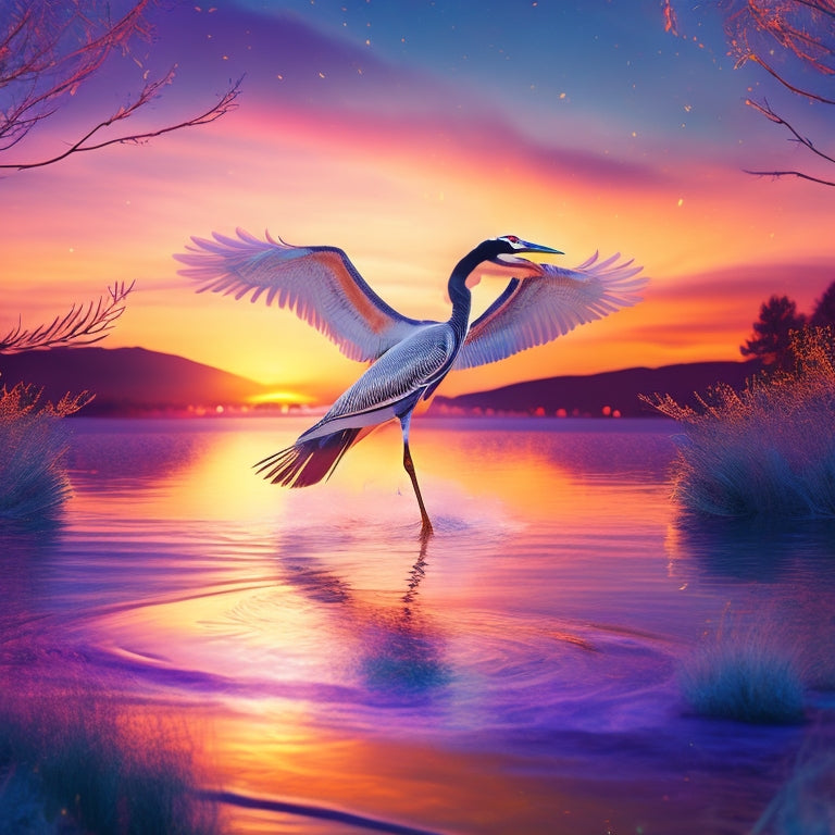 A whimsical illustration featuring a majestic heron in mid-dance, surrounded by swirling, shimmering lights and vibrant, abstract shapes, set against a warm, sunset-inspired background.