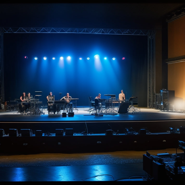 A darkened theater stage with a lone spotlight shining down, surrounded by laptops and editing software screens displaying vibrant, edited performance photos of dancers, musicians, and actors.