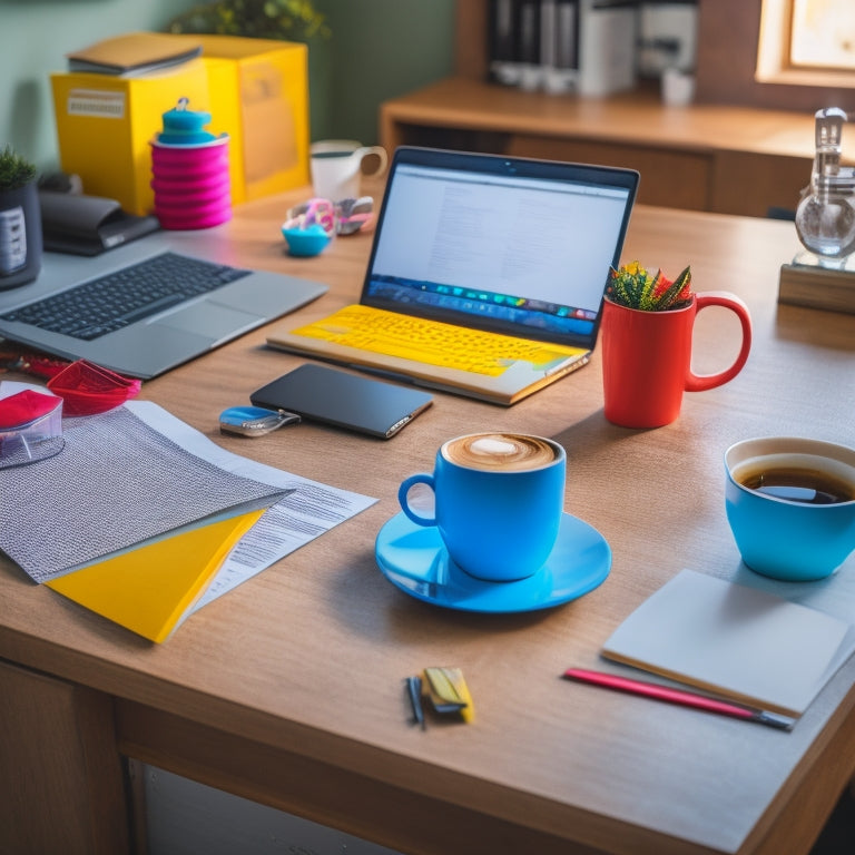 A colorful, clutter-free desk with a laptop, a few open textbooks, and a cup of steaming coffee, surrounded by sticky notes with ratings and reviews scribbled on them.