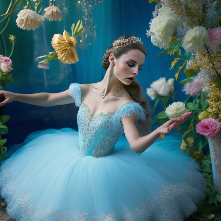 A delicate, porcelain-skinned ballerina in a flowing, pale blue tutu, surrounded by intricate floral patterns and subtle, shimmering threads, set against a soft, creamy background.