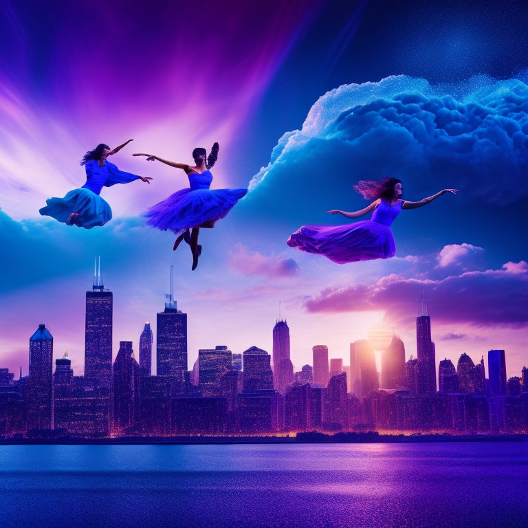 A vibrant, abstract illustration featuring swirling clouds of blue and purple hues, intertwined with silhouettes of dancers in mid-air, against a backdrop of Chicago's cityscape at sunset.