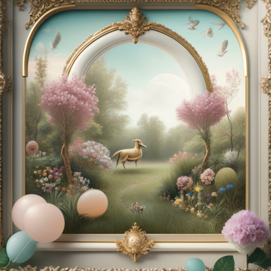 A whimsical, dreamy illustration featuring a large, ornate gold frame with IXXI's 'The Dance' artwork inside, surrounded by lush greenery, soft pastel balloons, and delicate feathers, set against a soft, creamy background.