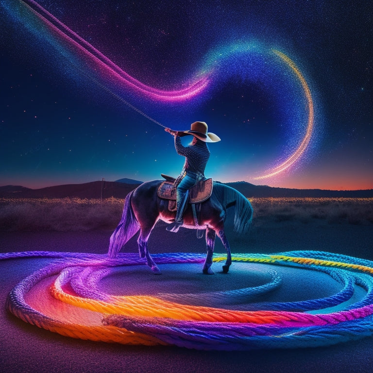 A colorful illustration featuring a dancing cowboy/cowgirl silhouette surrounded by swirling lasso ropes, cowboy hats, and boots, set against a bright, starry night sky with subtle neon accents.