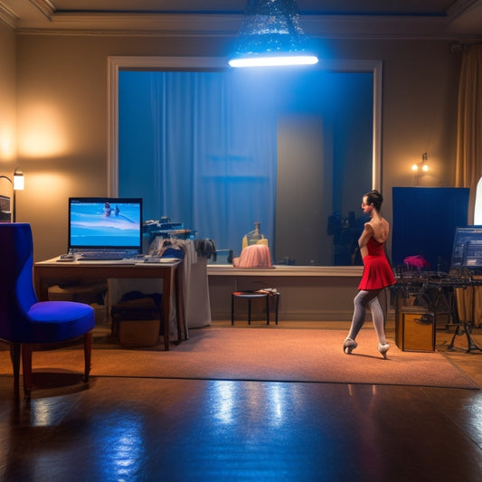 A dimly lit dance studio with a large mirror, a ballet barre, and a laptop open to a dance tutorial website, surrounded by scattered dance shoes and clothes, with a solitary dancer in the background.