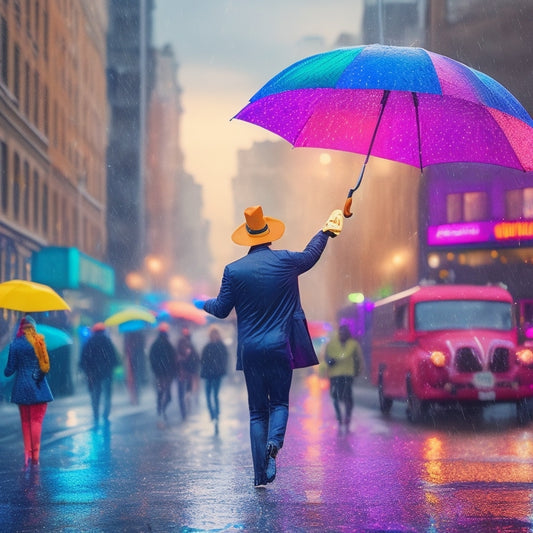 A colorful illustration of a person dancing in the rain, surrounded by musical notes and umbrellas, with a subtle cityscape background and a hint of a vinyl record in the corner.