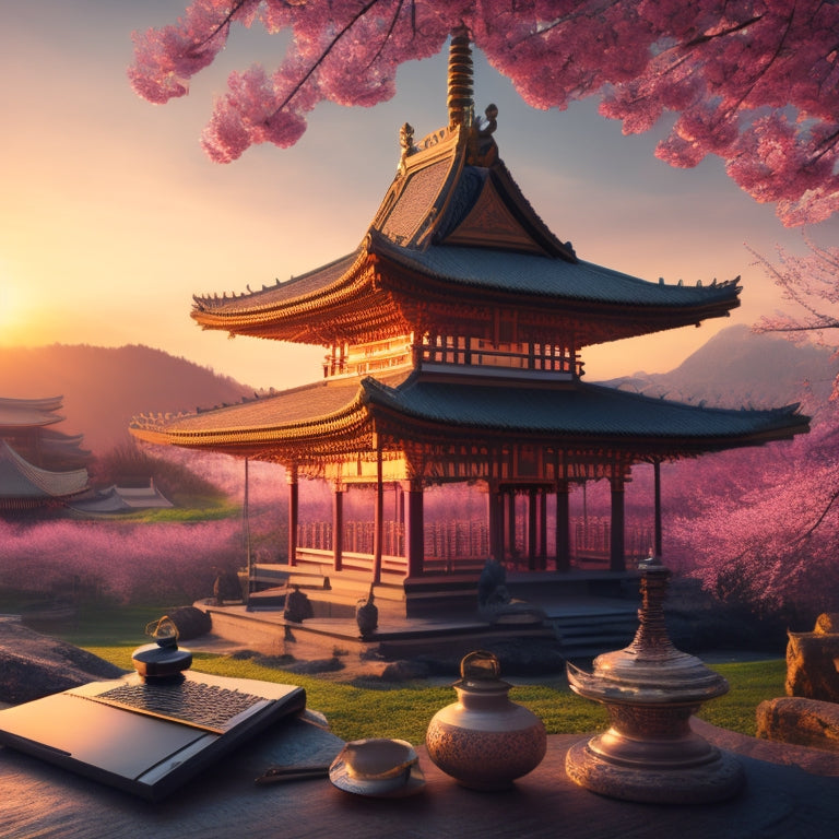 A vibrant, stylized illustration of a traditional Asian pagoda surrounded by blooming cherry blossoms, with laptops, paintbrushes, and traditional Asian instruments intertwined, set against a warm, sunset-inspired background.