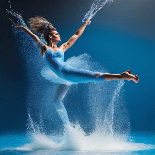 A dancer in mid-leap, surrounded by water droplets, sweat, and mist, with a subtle sparkle effect, set against a soft, gradient blue background, conveying refreshment and rejuvenation.