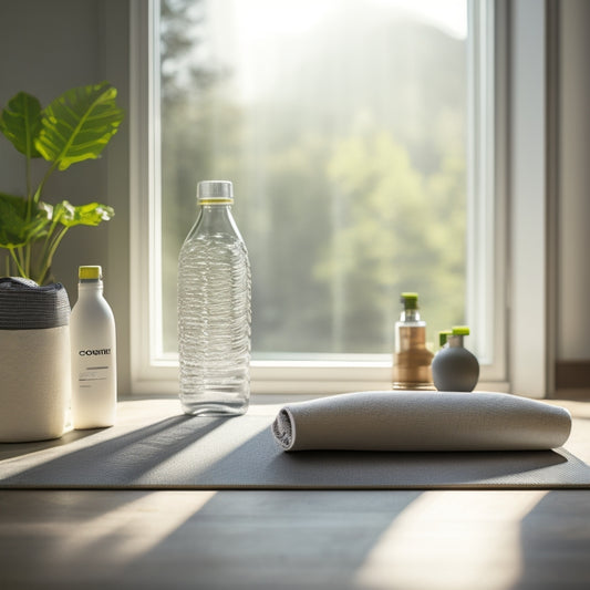 A serene indoor setting featuring a pair of contoured insoles placed next to a yoga mat and a water bottle, with soft natural light streaming through a window, highlighting their ergonomic design and benefits for posture.