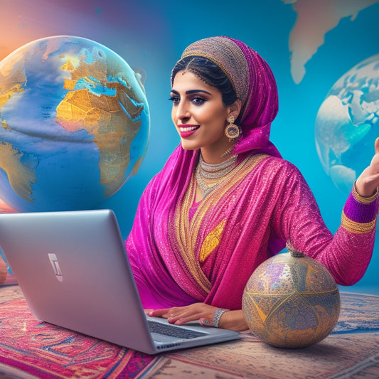 A vibrant illustration of a young Middle Eastern woman dancing in a virtual classroom, surrounded by laptops and tablets, with a subtle Arabic patterned background and a subtle globe in the corner.