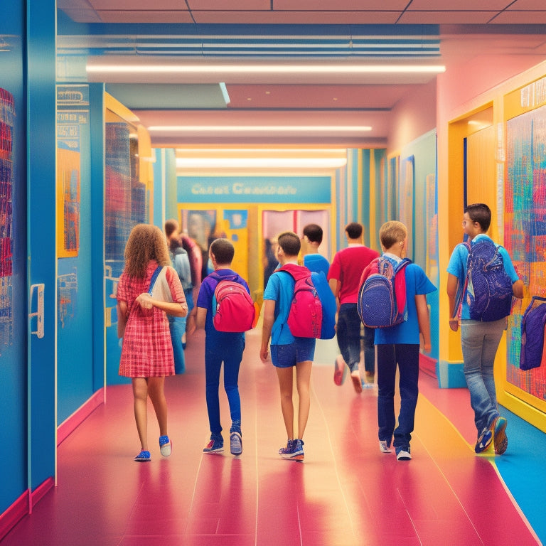 A vibrant illustration of a bustling school hallway with colorful lockers, diverse students chatting and walking, and a subtle background of trophies, musical instruments, and athletic equipment.