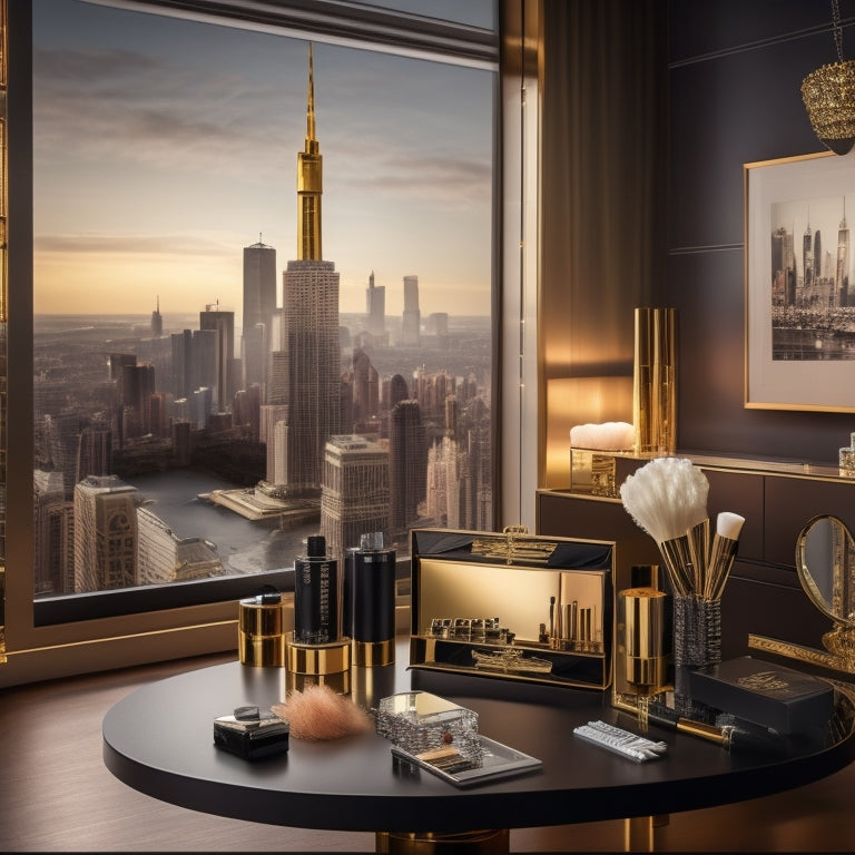 A glamorous, golden-lit makeup studio with a sleek, black vanity, adorned with an array of brushes, palettes, and products, surrounded by elegant, floor-to-ceiling drapes and a stunning cityscape view.