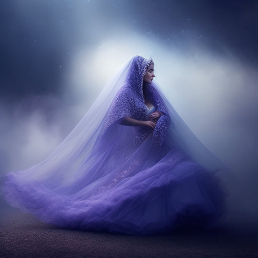 A mystical, dreamy illustration featuring a delicate, transparent veil floating in mid-air, surrounded by swirling mist and subtle, shimmering lights, with a subtle, gradient background transitioning from dark blue to purple.